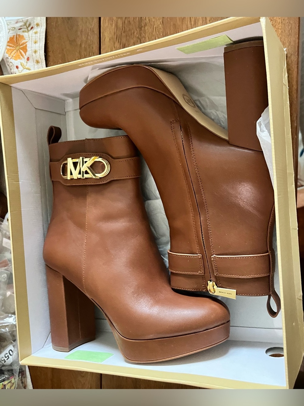 Michael Kors Brown Leather Platform Block Heel Ankle Boots with Gold MK Accent